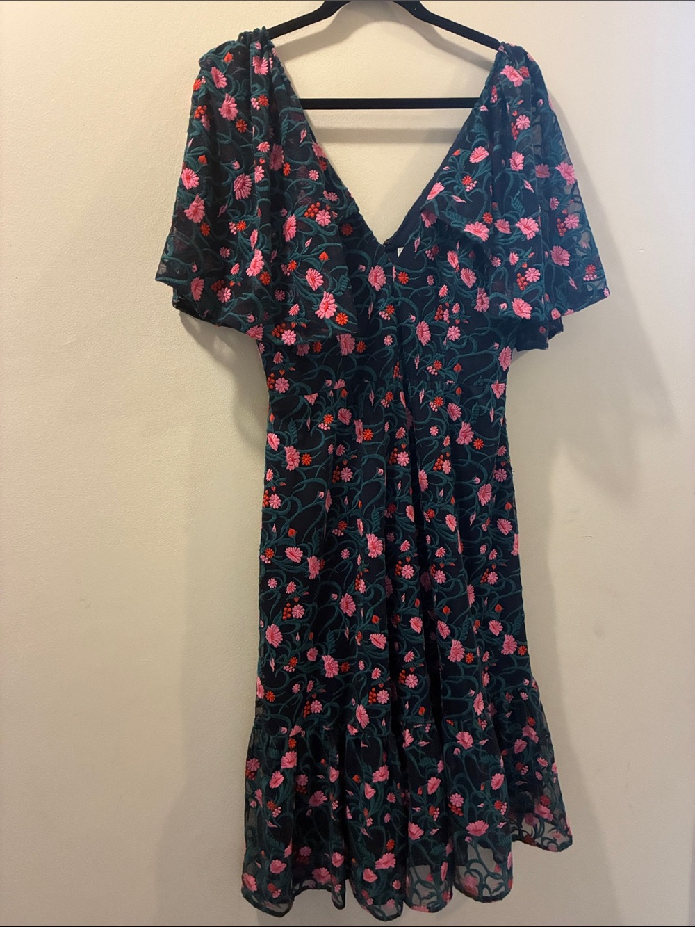 Dress the Population- Floral V-Neck Dress with Pink embroidered flowers - medium